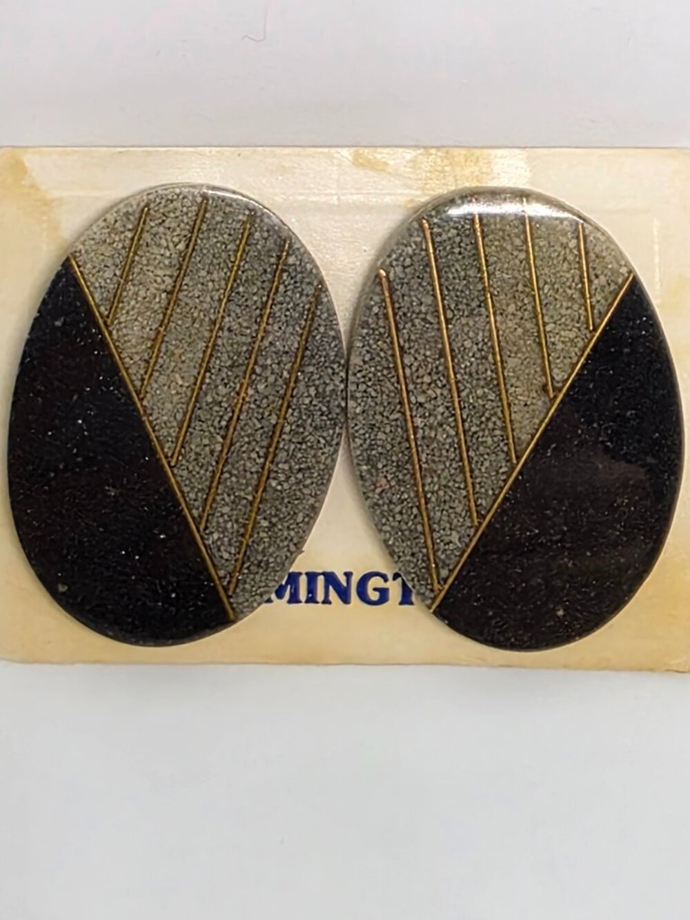 NOS MCM Lady Remington Large Oval Black Beige Geometric Pierced Earrings